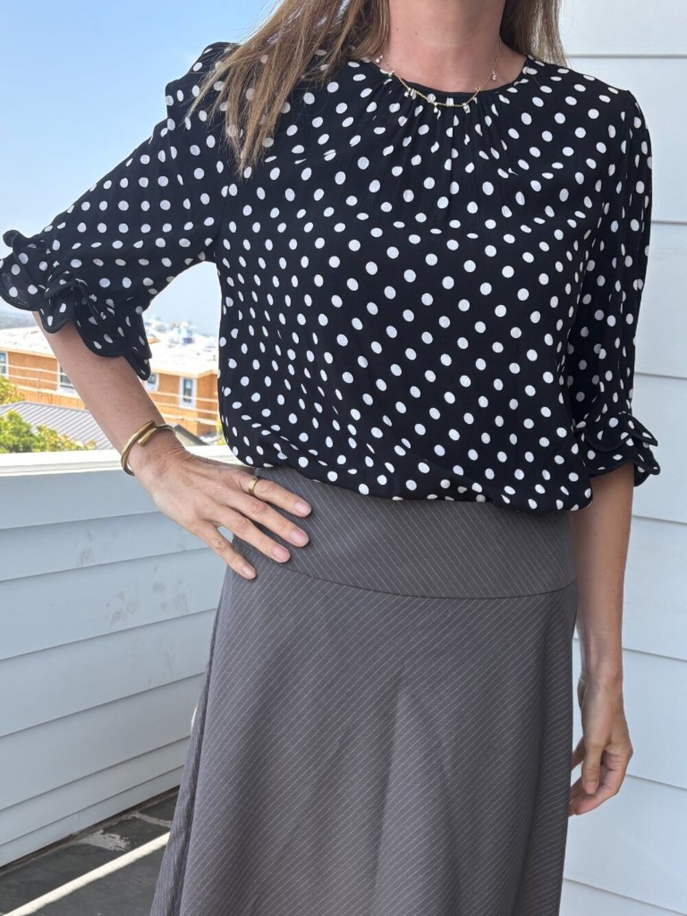 Kate Spade Black White Polka Dot Ruffle Sleeve Blouse Women's M
